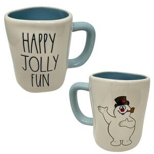 Rae Dunn By Magenta White Blue HAPPY JOLLY FUN Snowman Double Sided Ceramic Mug